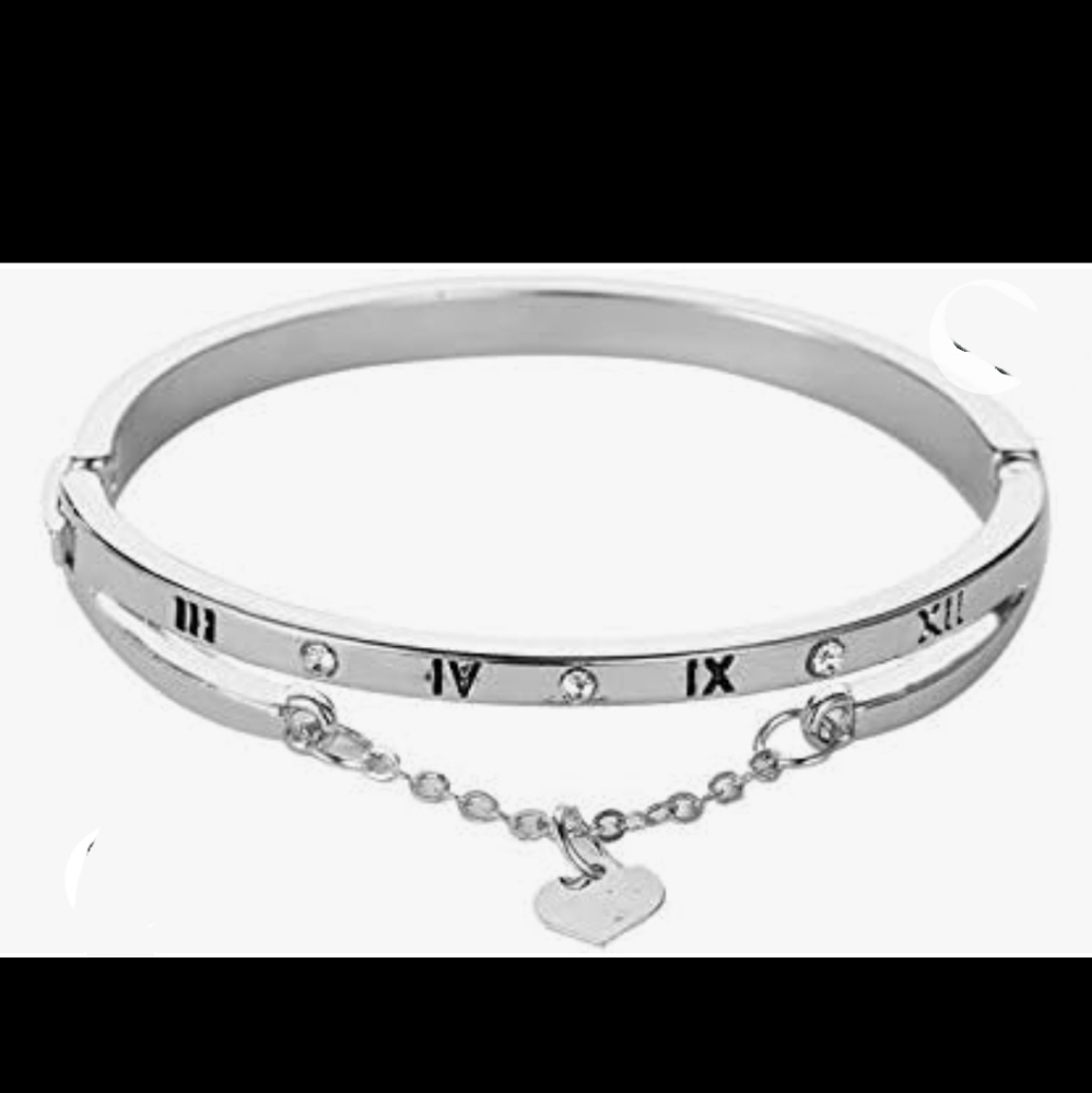 Chain Bangle Bracelet, Sideways Cross , Silver & Rose Gold Plated Heart Charm